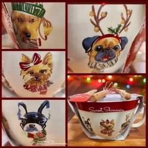 4pc Christmas Pug Boston Terrier Lab Yorkie Dog Mixing Bowl Spatula Spoon Wisk